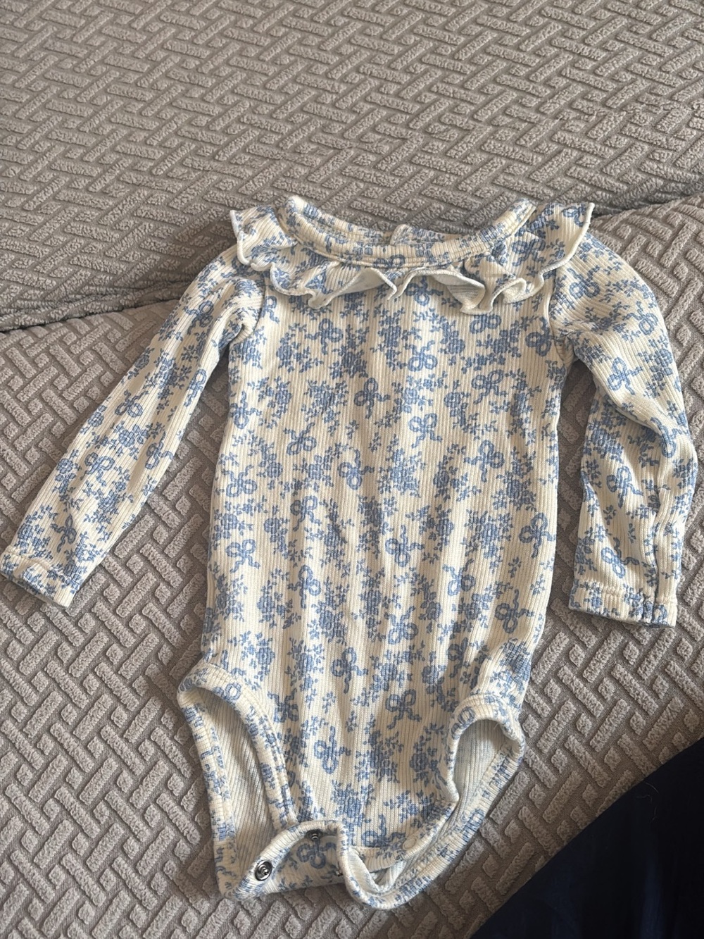 Angel Dear Cream Bodysuit with Light Blue Floral Print and Ruffle Collar